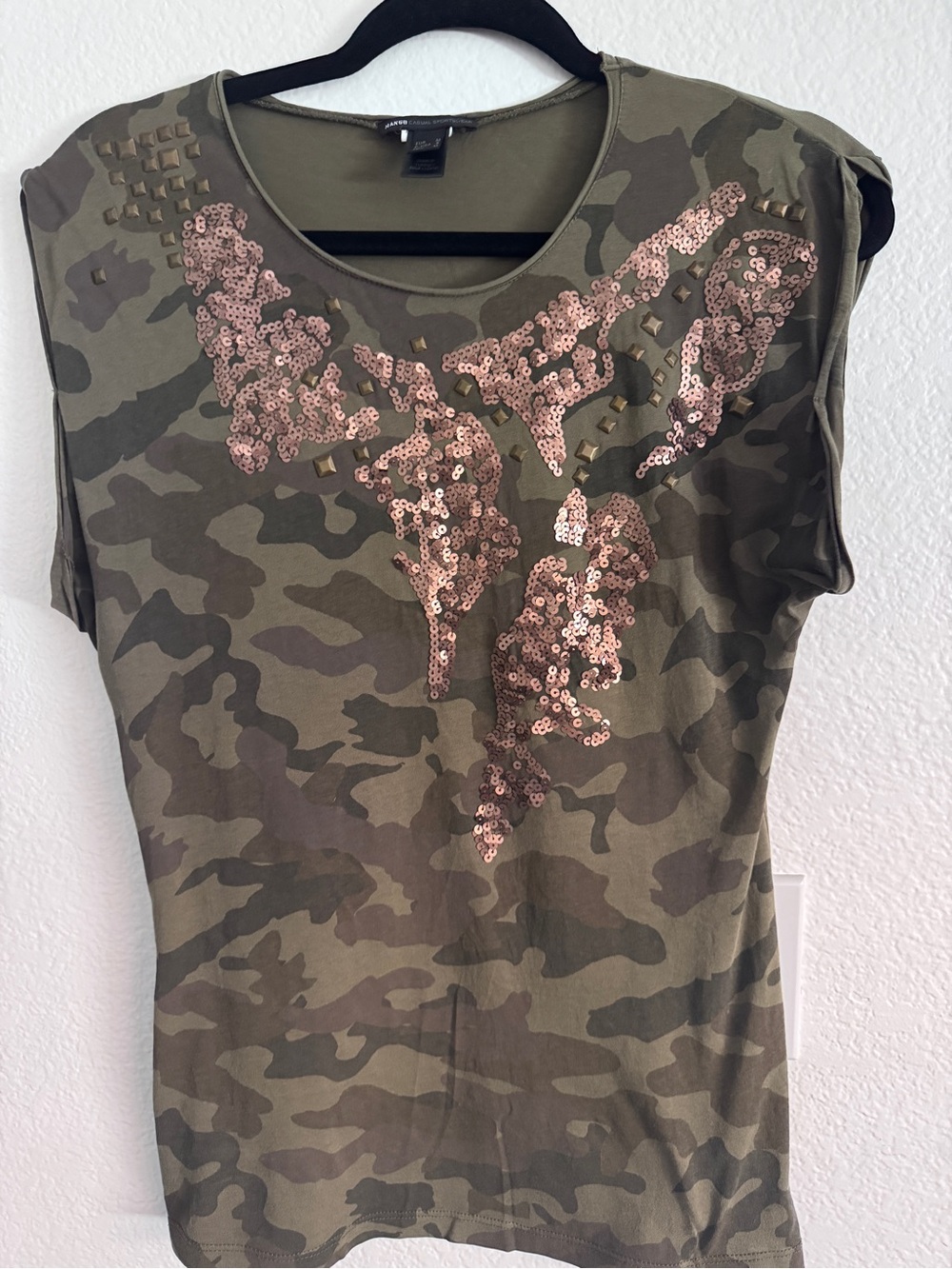 Camouflage Sequin Embellished Women’s Tee - Olive Green | Mango | S